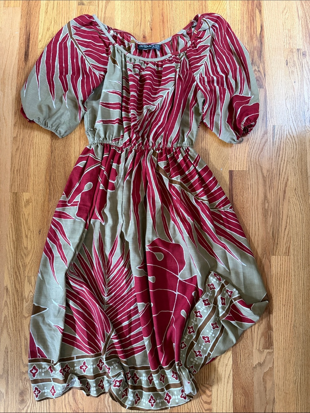 Boho 80’s Red Monstera Leaf Print Peasant Dress